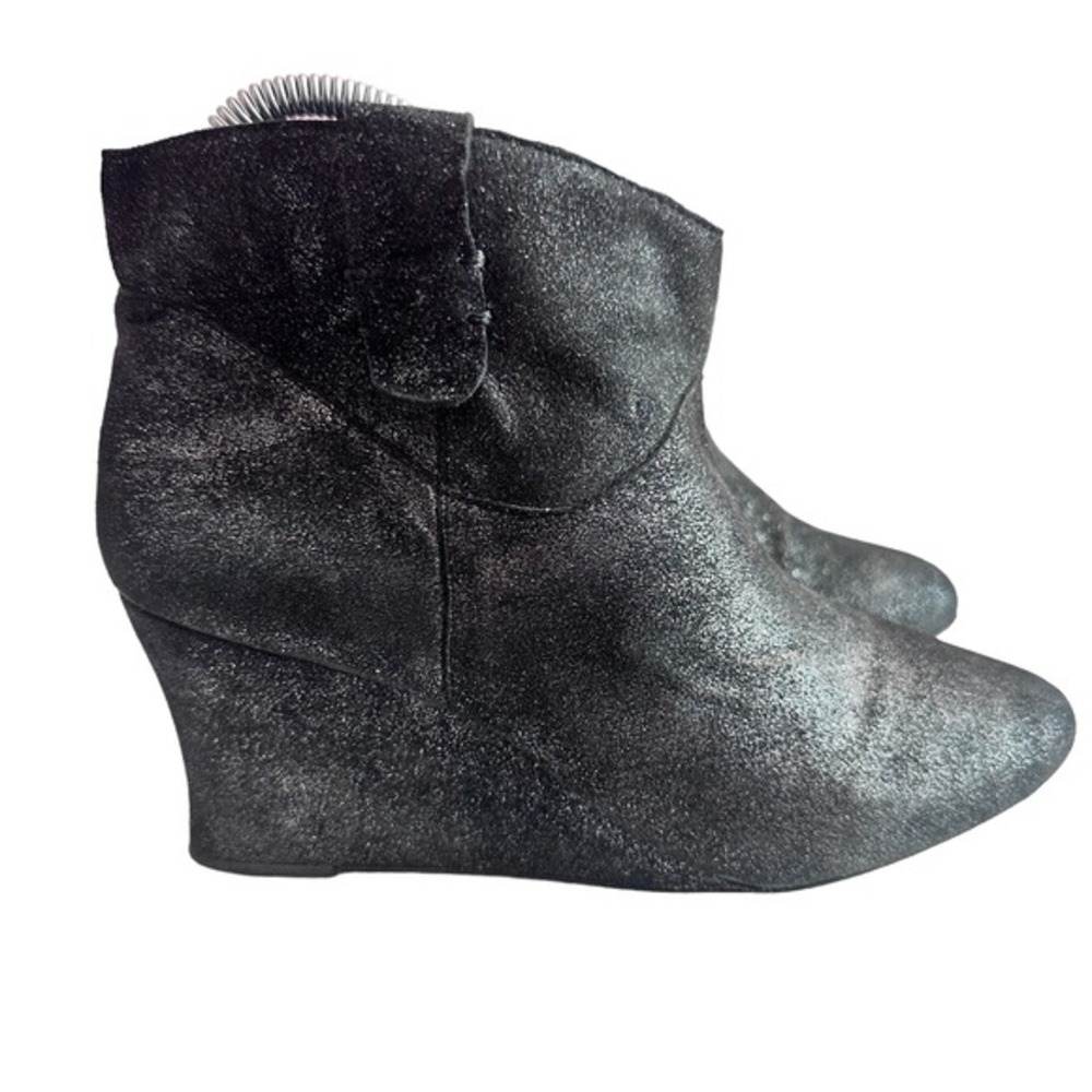 Rebecca Minkoff‎ Black Metallic Silver Nubuck Wedge Booties Size 8